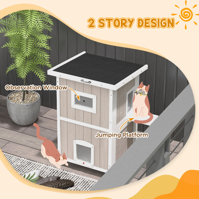 2-Tier Wooden Cat House with Asphalt Roof and Escape Doors - Weatherproof Outdoor Cat Shelter with Removable Floor - Ideal for 1 to 2 Cats, Light Grey