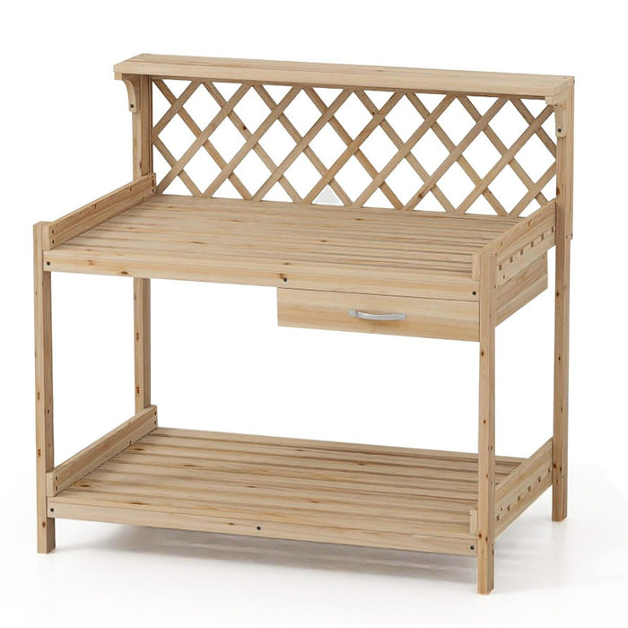 Garden Potting Bench Table with Lattice Trellis and Removable Drawer