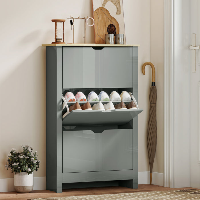 HOMCOM Slim Shoe Cabinet, Narrow Shoe Cupboard with 3 Flip Drawers, Adjustable Shelves for 18 Pairs of Shoes, Light Grey