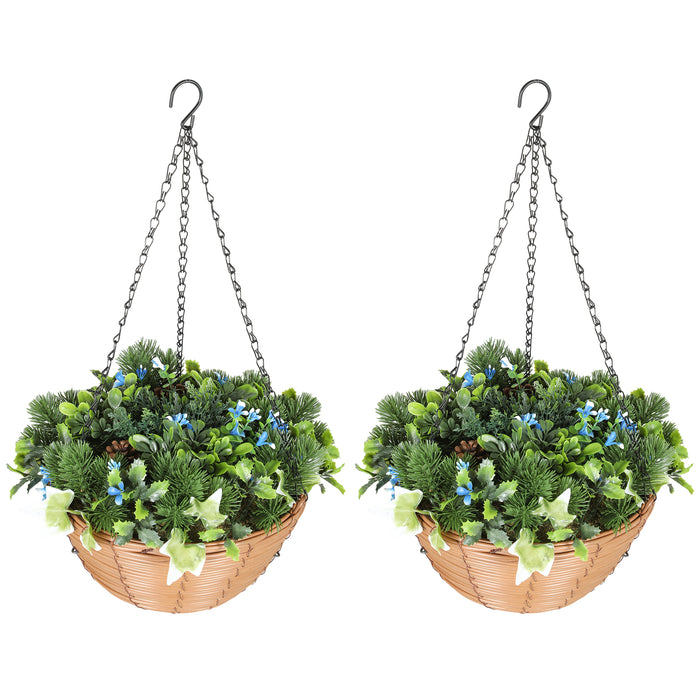 HOMCOM Artificial Flowers in Basket Set of 2, Artificial Hanging Baskets with PE Leaves, 18 Flowers and 3 Pinecones in Pot, Decorative Faux Plant for Home Office Decor, Green