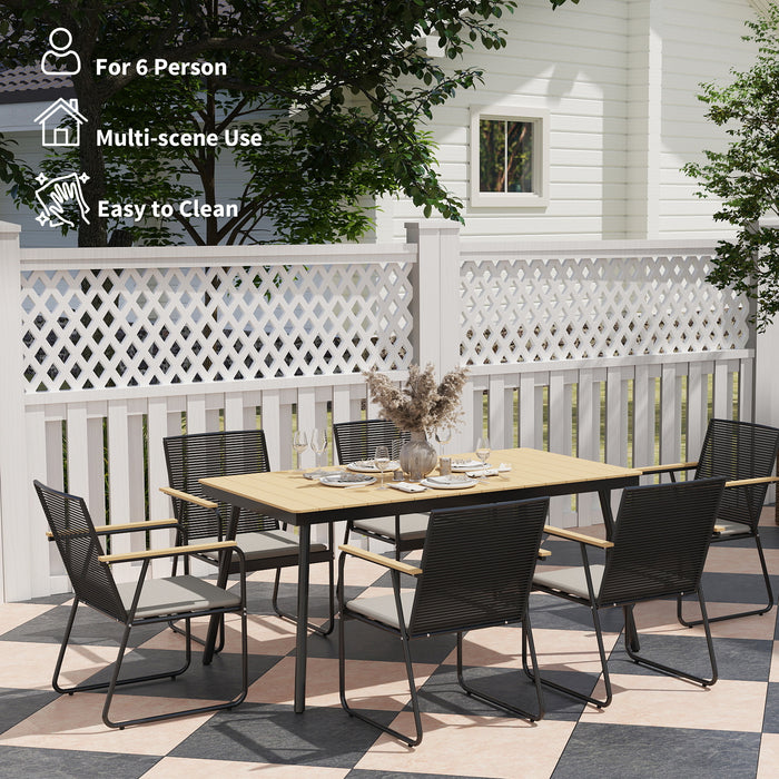 Outsunny 6 Seater Garden Dining Set with Soft Cushions, Rattan Backrest, Rectangular Plastic Top, Garden Furniture Set, Outdoor Dining Table and Chairs for Patio, Balcony, Poolside, Nature Wood Finish