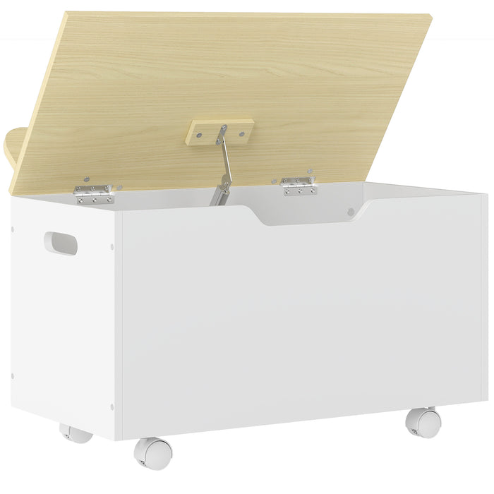 AIYAPLAY Toy Box with Lid, Toy Chest with Wheels and Safety Hinges, Toddler Storage Organiser for Playroom, Bedroom, White