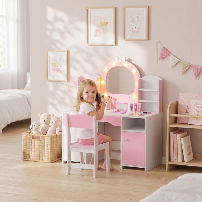 AIYAPLAY Kids Vanity Set, Girls Dressing Table with Stool, 2-Colour Lights Mirror, Cabinet, Drawer and Shelves, Pink