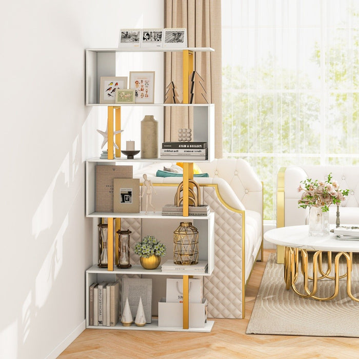 5/6-Tier Geometric Bookcase with Metal Frame and Anti-tipping Kits-5-Tier