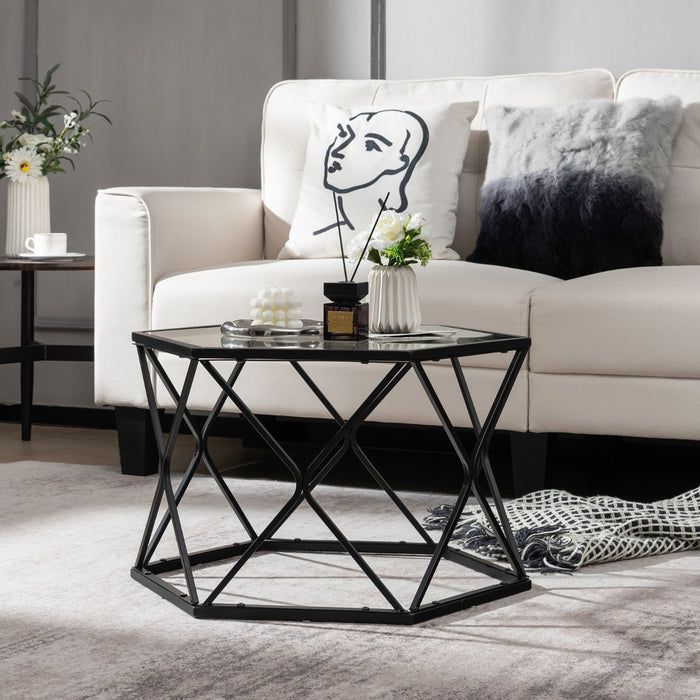 Accent Geometric Design - Glass Coffee Table with Solid Black Metal Frame - Ideal for Contemporary Living Spaces