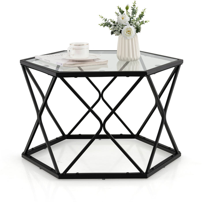 Accent Geometric Design - Glass Coffee Table with Solid Black Metal Frame - Ideal for Contemporary Living Spaces