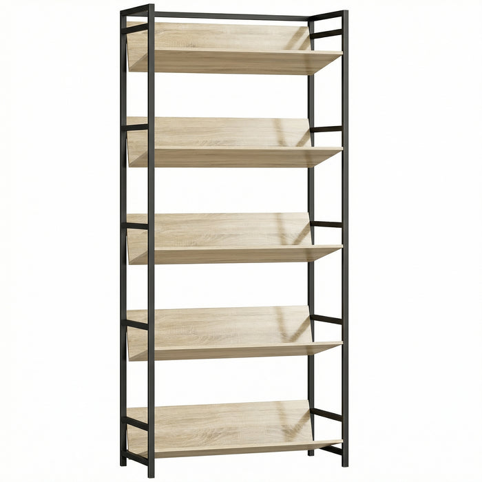 HOMCOM Bookshelf 5-Tier Metal Frame Bookcase Storage Shelves for Living Room Oak