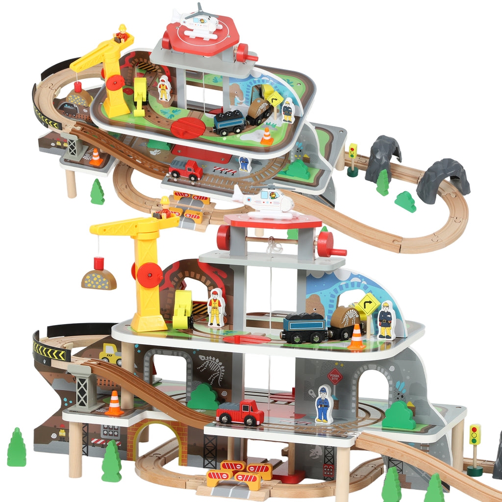 AIYAPLAY 79 Piece Wooden Train Set, Kids Train Track Mine Themed with Crane, Helicopter