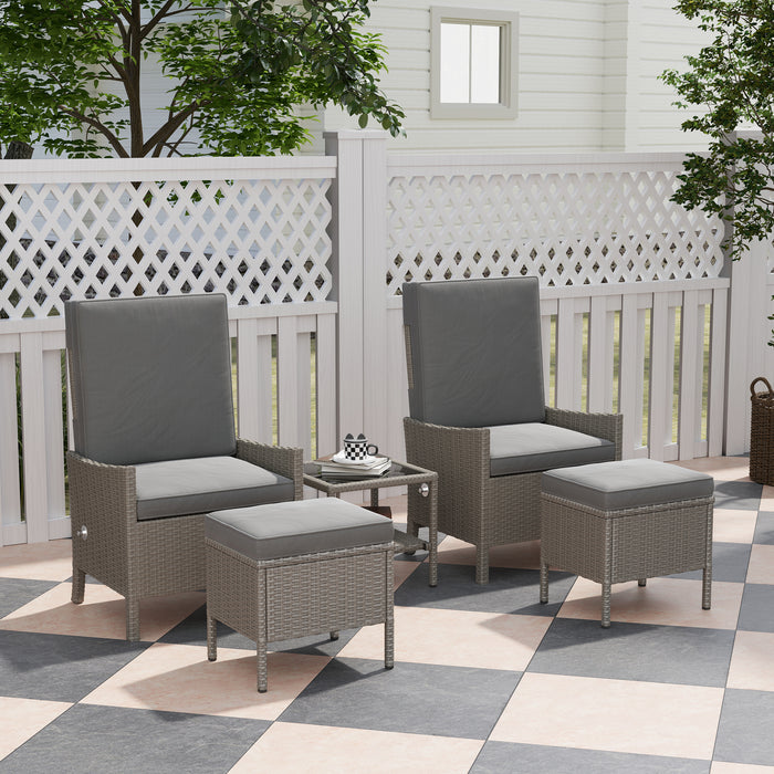 Outsunny 5 Piece Rattan Garden Furniture Set, Wicker Outdoor Furniture with 2 Armchairs, 2 Footstools and Glass Top Coffee Table with Shelf, Cushions for Patio Balcony, Dark Grey