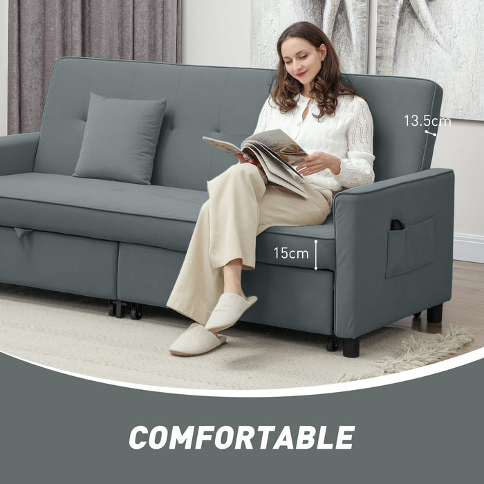 HOMCOM Three-Person Velvet-Feel Sofa Bed - Grey
