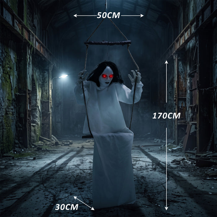 HOMCOM 170cm Animated Hanging Swing Ghost Halloween Decoration, Sound Touch Activated Ghost Halloween Animatronic