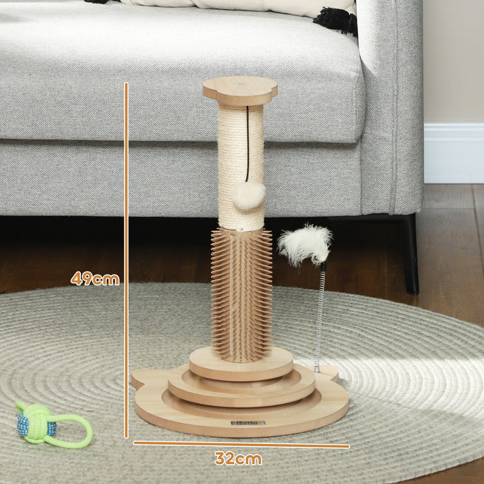 PawHut 49cm 5 in 1 Cat Scratching Post with Sisal Post, Track Ball Toy, Self Grooming Brush, Hanging Toy Ball, Feather, Oak | Aosom UK