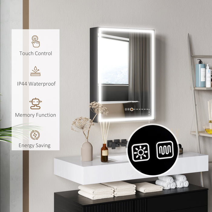 HOMCOM Bathroom Mirror Cabinet with LED Lights and Shaver Socket, 500 x 700 mm Wall Mounted Bathroom Cabinet with Mirror, Demister Pad, Dimmer, 3 Colours, Medicine Cabinet, Black