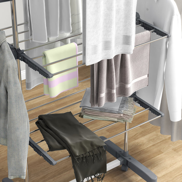3-Tier Clothes Airer with Wheels and Wings - Foldable Stainless Steel Drying Rack for Indoor/Outdoor Use - Easy to Assemble, Space-Saving Design for Home Laundry Care