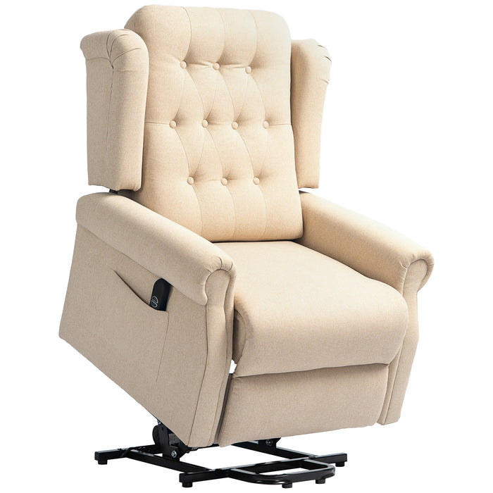 HOMCOM Power Lift Recliner Chair, Wingback Button Tufted Electric Lift Chair for Elderly, Fabric Riser and Reclining Armchair with Remote Control, Side Pockets, for Living Room, Beige