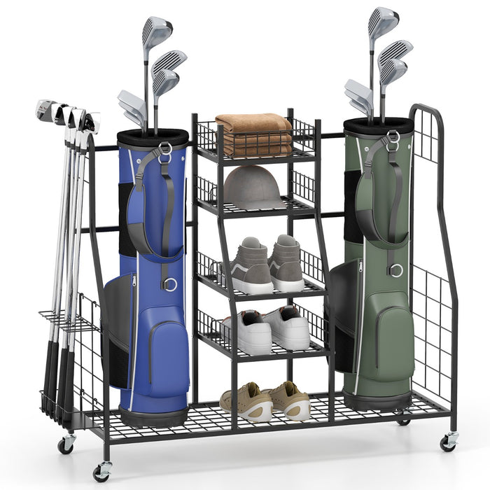 Golf Bag Storage Organizer for 2 Golf Bags and Golf Equipment Accessories-