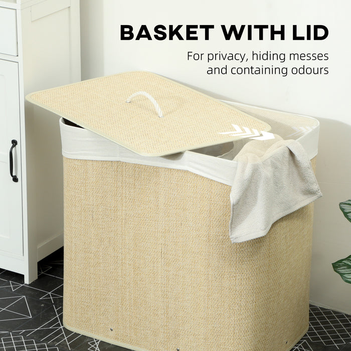 HOMCOM 3 Section Laundry Basket with Lid, 144L Bamboo Laundry Hamper with Handles, Removable and Washable Liner, Cream White