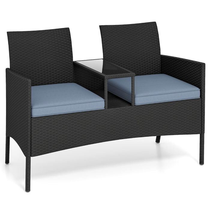 Patio Loveseat with Built-in Table with Soft Cushions and Tempered Glass Tabletop-