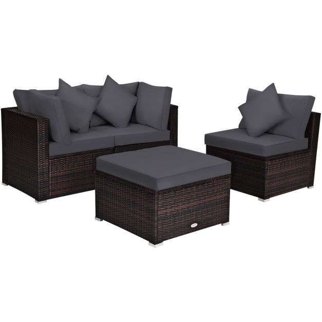 4-Piece Rattan Outdoor Set - Garden Patio Furniture with Detachable Grey Cushions and Pillows - Ideal for Cozy Outside Gatherings