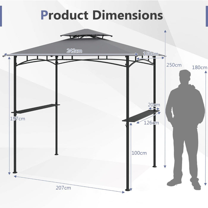 242 x 150 cm Grill Gazebo with 2 Shelves and 6 Hooks-Grey