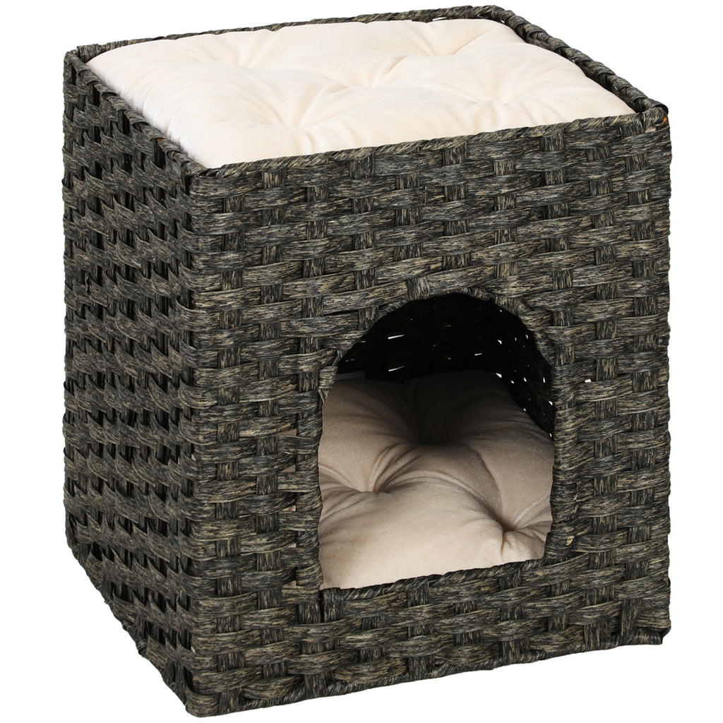 PawHut 2-Tier Wicker Cat House, Handwoven Rattan Cat Bed with Washable Cushions, Indoor Kitten Condo Hideaway