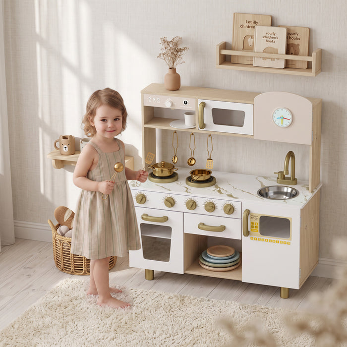 AIYAPLAY Play Kitchen, Kids Kitchen Playset with Rotating Coffee Machine, Storage Shelf, Stove, Gift for Kids 3-6 Years, White