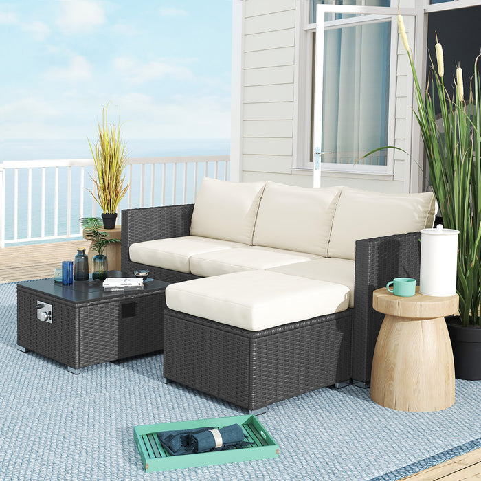 Outsunny Five Piece Rattan Garden Furniture Set with Gas Fire Pit Table and Footstool - Black and Cream White