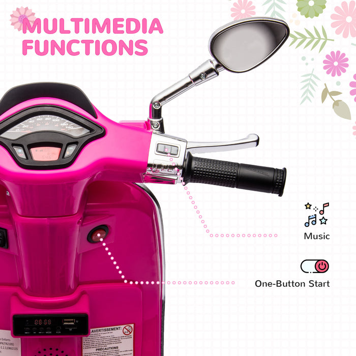 12V Vespa Licensed Ride-On Motorbike for Kids - Electric Motorcycle with Music, Headlights, FM Radio Features - Perfect for Children Aged 3-6 in Pink