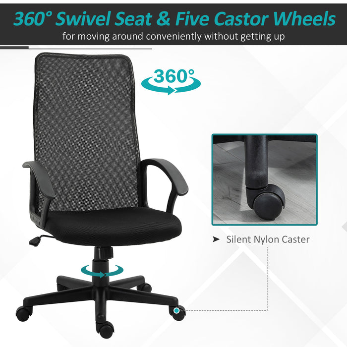 Executive High Mesh Back Chair - Adjustable Height with Wide Padded Seat and Fixed Armrests - Comfortable Home and Office Support, Black