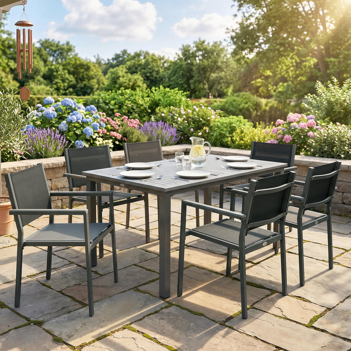Outsunny Garden Dining Set with Acacia Wood Table Top, Outdoor Table and Stackable Chairs Set for 6 with Texteline Seat, Grey