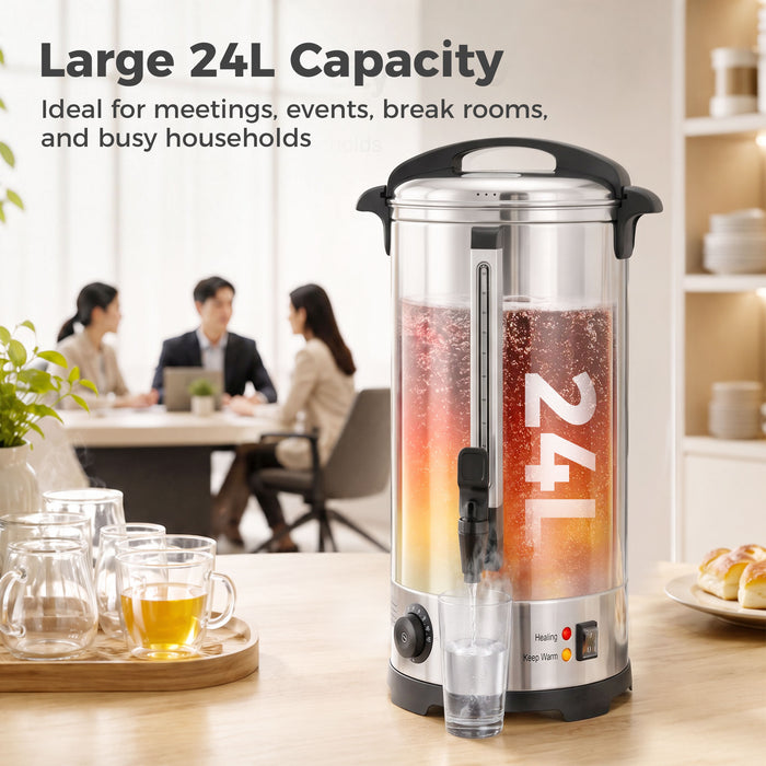 HOMCOM 24L Catering Urn, 2500W Stainless Steel Hot Water Boiler Dispenser with Thermostat, Keep Warm Function and Easy Pour Tap