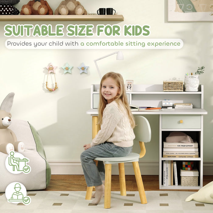 AIYAPLAY Two-Piece Children Study Table with Hutch, Kids Desk and Chair Set with Storage, Drawer, Shelves, Green
