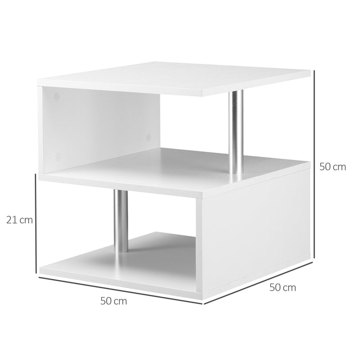 2-Tier Wooden S-Shaped Coffee Table - Cube Storage and Display Shelving Organizer, White - Ideal for Living Room, Office, and Bookcase End Desk Stand