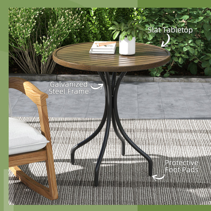 Outsunny Φ66cm Garden Side Table, Round Bistro Coffee Table, Outdoor Patio Table with Steel Frame and Slat Tabletop for Balcony and Porch, Brown Wood Grain