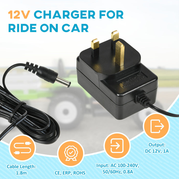 12V 1A Vehicle Battery Charger - Compatible with Electric Ride-On Cars - Keeps Kids' Toy Vehicles Powered and Ready for Adventure