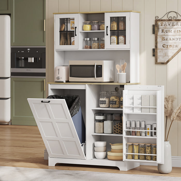 HOMCOM 175cm Tall Kitchen Cabinet, Kitchen Cupboard with Rubbish Bin Cabinet, 3 Door Shelves and 2 Acrylic Doors, White