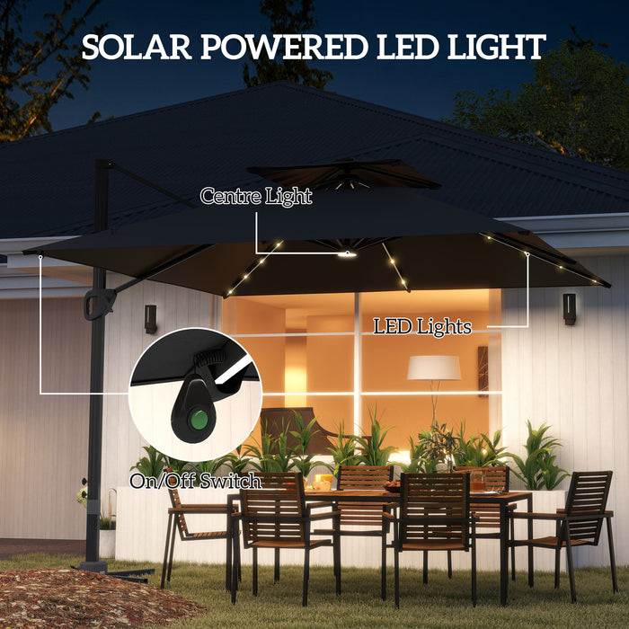Outsunny 3.5x3 m Garden Cantilever Parasol with Solar LED Lights and Centre Light, Aluminium Large Square Patio Umbrella, UPF50+ Hanging Sun Shade with Cross Base, Crank Handle and Tilt, Black