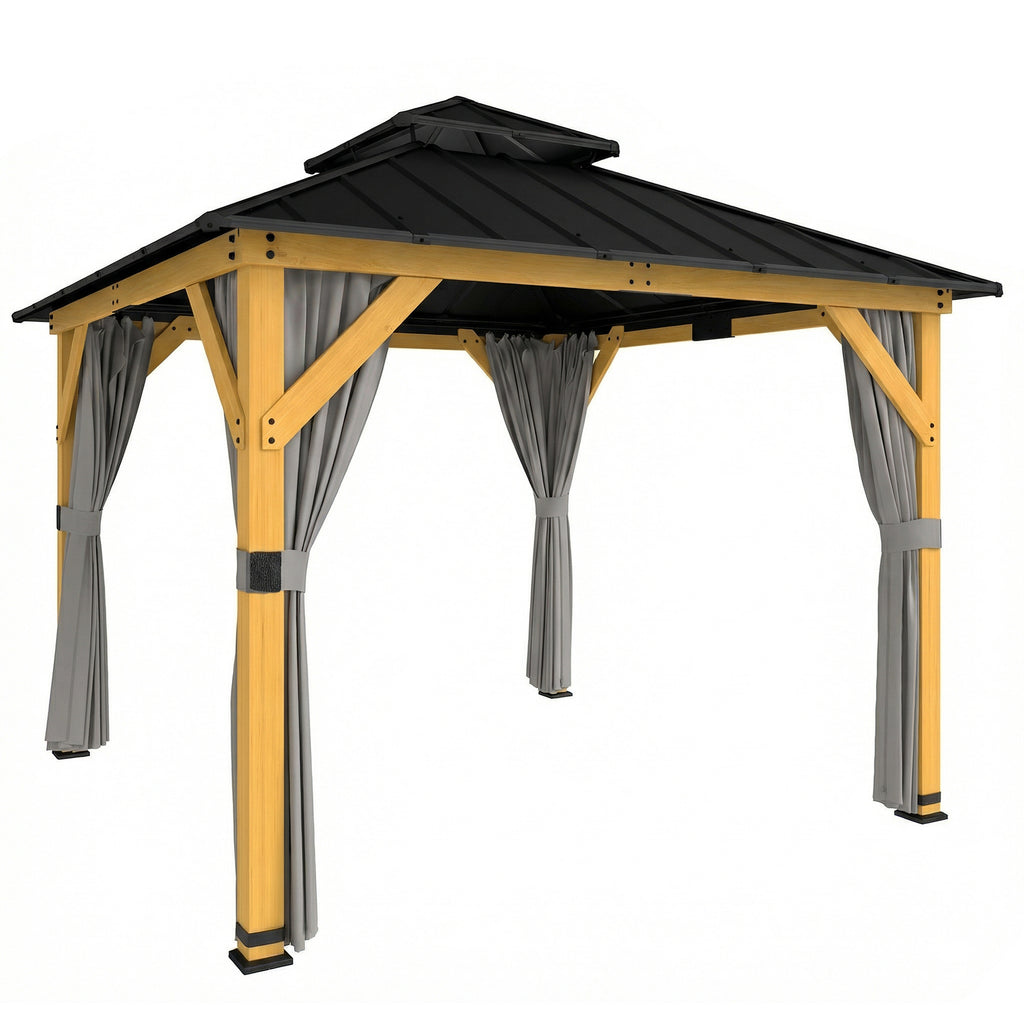 Outsunny 3 x 3 m Outdoor Hardtop Gazebo Canopy with 2-Tier Steel Roof, Wood Garden Gazebo with Curtains, Grey