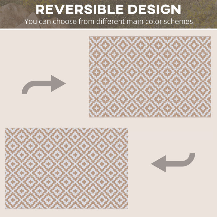 Outsunny Reversible Outdoor RV Rug, Patio Floor Mat, 274 x 182 cm Plastic Straw Rug for Garden, terrace, Beach, Camping, Coffee & White