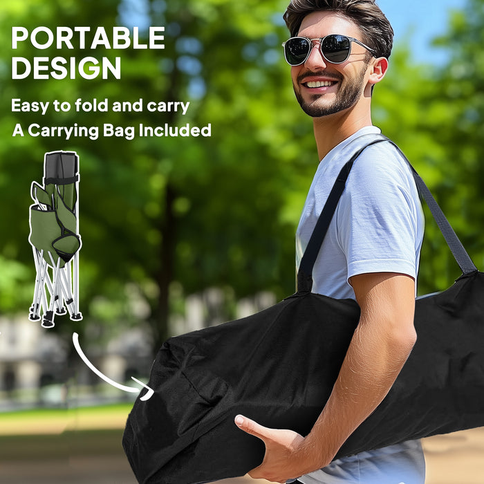 Outsunny Set of 2 Reclining Folding Camping Chair w/ Detachable Footrest, Storage Bag, Cup Holder & Headrest, Lightweight Portable Camp Chair for Beach, Picnic, Olive Green and Grey