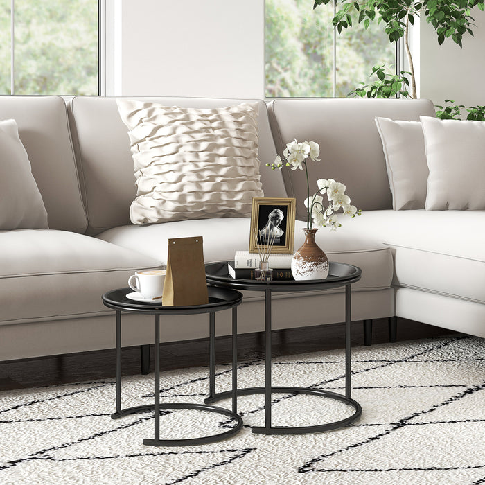 HOMCOM Nesting Tables Set of 2, Side End Table with Removable Tabletop Tray and Steel Frame for Living Room, Bedroom, White