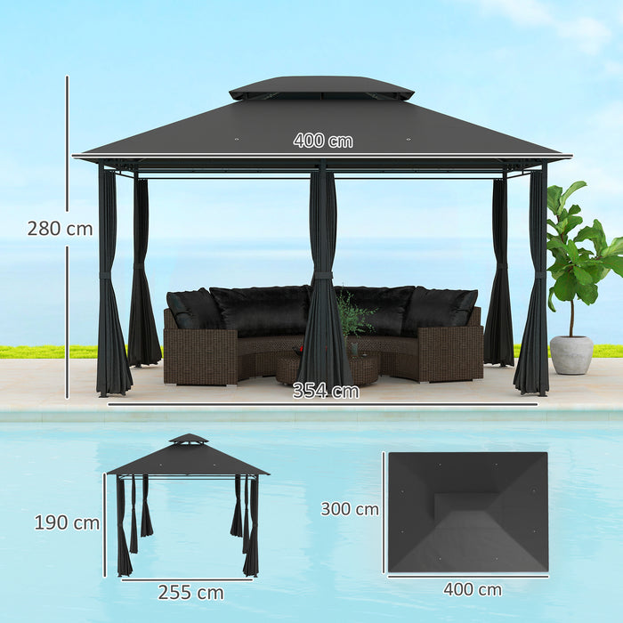 Outsunny 4m x 3(m)Garden Gazebo, Double Roof Outdoor Gazebo Canopy Shelter with Curtains, Solid Steel Frame for Patio, Garden, Black