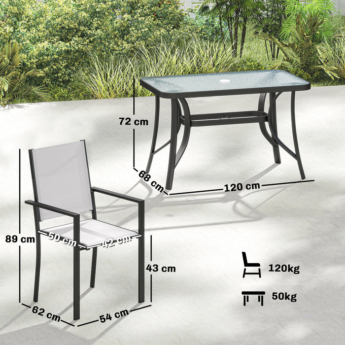 Outsunny Garden Dining Set for 4 with Umbrella Hole, Stackable Chairs and Rectangular Glass-Top Outdoor Table, Light Grey