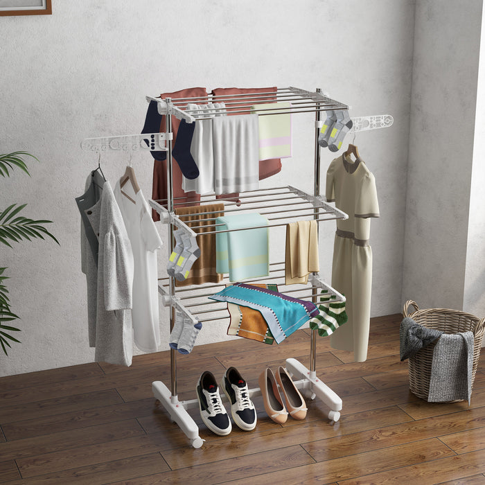 HOMCOM 3 Layers Folding Cloth Hanger Stand-White/Silver | Aosom UK