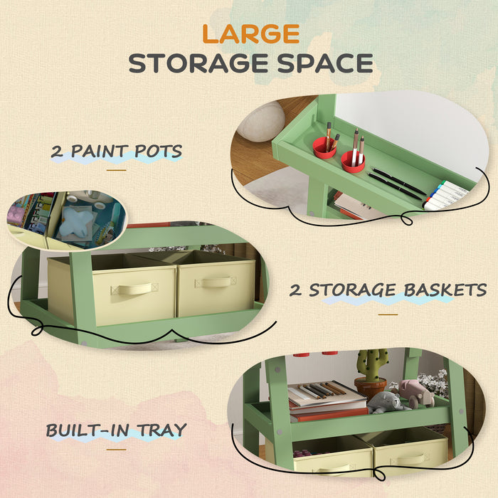 AIYAPLAY 3 in 1 Kids Easel Double-Sided Magnetic Whiteboard and Chalkboard with Paper Roll, Storage Baskets - Green | Aosom UK