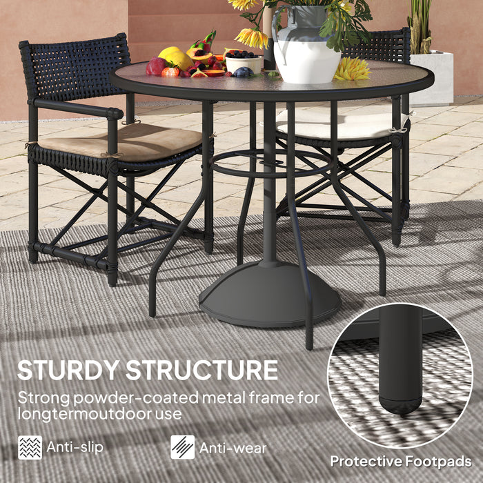 Outsunny 100 cm Round Dining Table with Parasol Hole, Outdoor Coffee End Side Table with Tempered Glass Top, Steel Frame for Garden, Black
