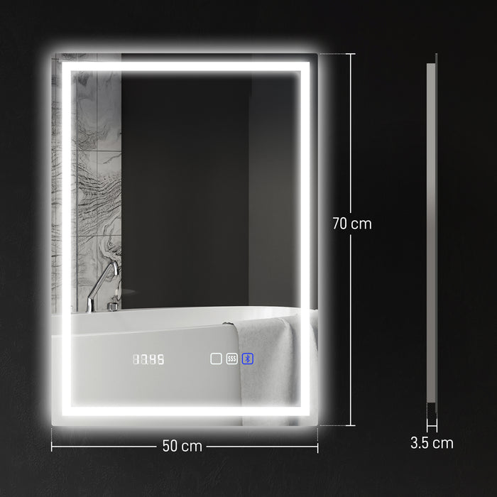 HOMCOM 50 x 70 cm Anti-Fog LED Bathroom Mirror, with Bluetooth and Clock - Silver Tone
