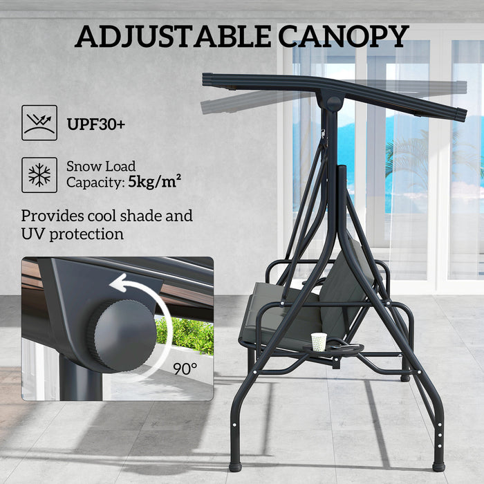 Outsunny 3 Seater Garden Swing Seat Bed with UPF30+ Adjustable Canopy, Convertible Swing Chair with Cushion, Outdoor Hammock Bench with Cup Trays for Balcony Patio, Dark Grey