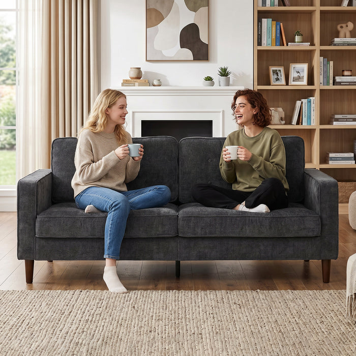 HOMCOM 3 Seater Sofa Button Tufted Upholstered Velvet Couch with Wood Legs for Living Room, Dark Grey