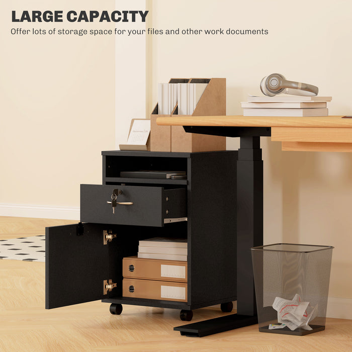 HOMCOM 60cm Storage Cabinet with Drawer, Open Shelf, Metal Handles and 4 Wheels, Office Home Organiser Mobile Printer, Black